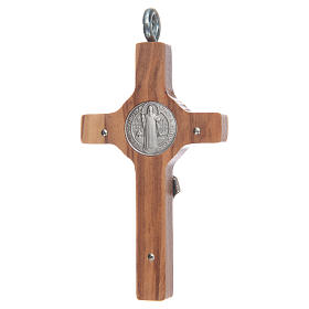 Kreuz Sankt Benedikt Silber Olivenholz und Schnur, 8x4 cm