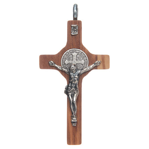 Kreuz Sankt Benedikt Silber Olivenholz und Schnur, 8x4 cm 1