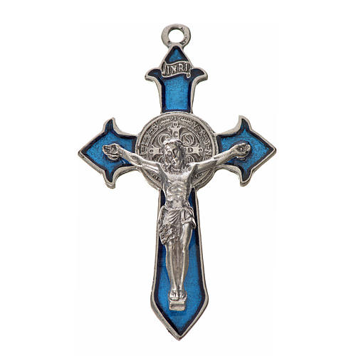 St. Benedict cross 7x4cm, pointed, in zamak and blue enamel 1