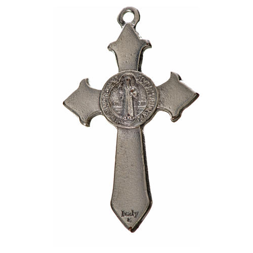Krzyż świętego Benedykta z zaostrzonymi końcami 4,5 X 3cm ,zama, biała emalia. 4