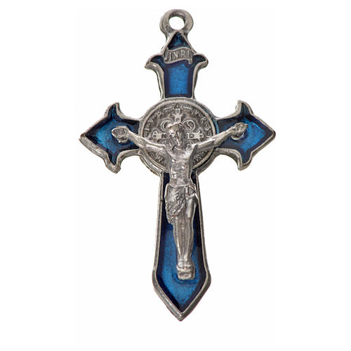 Krzyż świętego Benedykta z zaostrzonymi końcami 4,5 X 3cm ,zama, niebieska emalia. 3