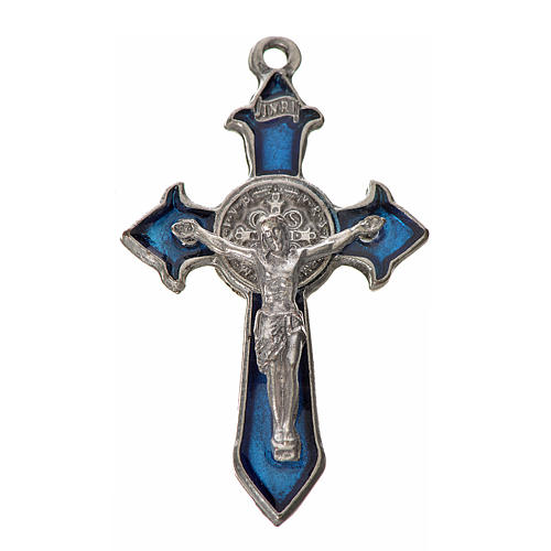 Krzyż świętego Benedykta z zaostrzonymi końcami 4,5 X 3cm ,zama, niebieska emalia. 1