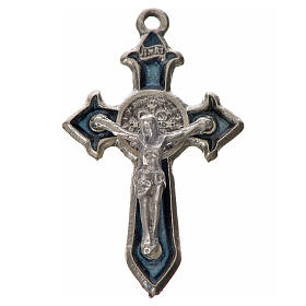 Krzyż świętego Benedykta z zaostrzonymi końcami 3,5 X 2,2cm , zama, niebieska emalia.