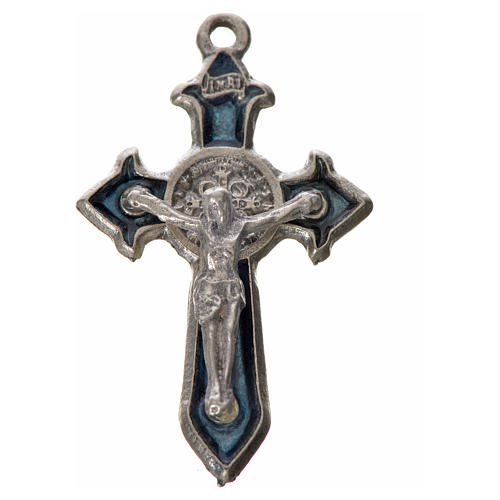 Krzyż świętego Benedykta z zaostrzonymi końcami 3,5 X 2,2cm , zama, niebieska emalia. 3