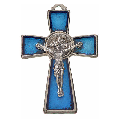 Croix Saint Benoît en zamac émaillé bleu 4,8x3,2 cm 1
