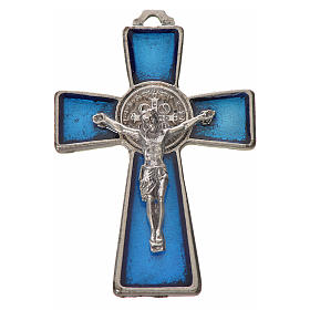 Krzyż świętego Benedykta z zaostrzonymi końcami 4.8 X 3,2cm , zama, emalia niebieska.