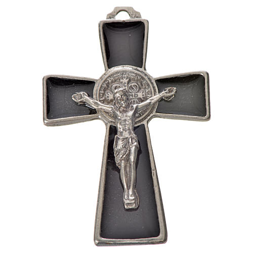 Krzyż świętego Benedykta z zaostrzonymi końcami 4.8 X 3,2cm , zama, emalia czarna. 3