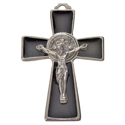 Krzyż świętego Benedykta z zaostrzonymi końcami 4.8 X 3,2cm , zama, emalia czarna. 1