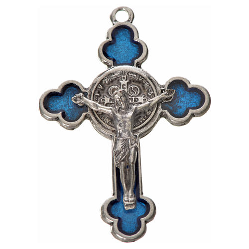 Krzyż świętego Benedykta, zakończenia koniczyna 4,8 X 3,4cm ,zama, emalia niebieska. 3