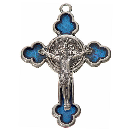 Krzyż świętego Benedykta, zakończenia koniczyna 4,8 X 3,4cm ,zama, emalia niebieska. 1