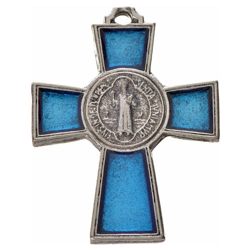 Kreuz Sankt Benedikt Zamak-Legierung und blaues Email 4x3 cm 3
