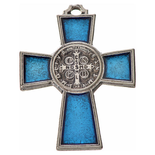 Kreuz Sankt Benedikt Zamak-Legierung und blaues Email 4x3 cm 4