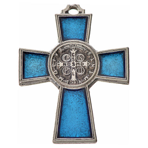 Kreuz Sankt Benedikt Zamak-Legierung und blaues Email 4x3 cm 2