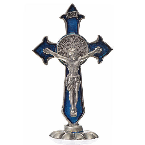 Croix Saint Benoît avec pointes à poser 7x4 cm zamac émail bleu 1