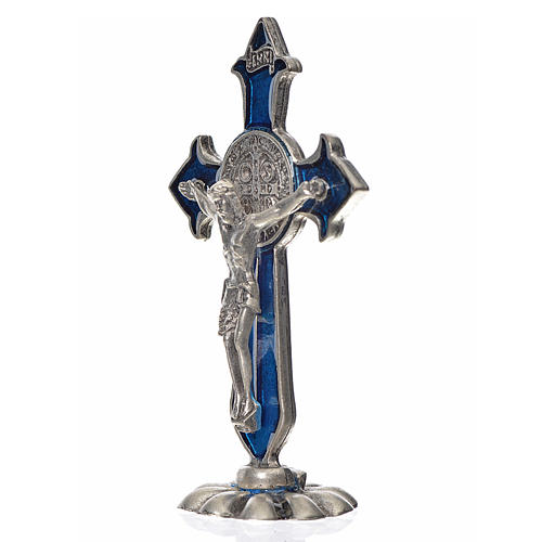 Croix Saint Benoît avec pointes à poser 7x4 cm zamac émail bleu 2