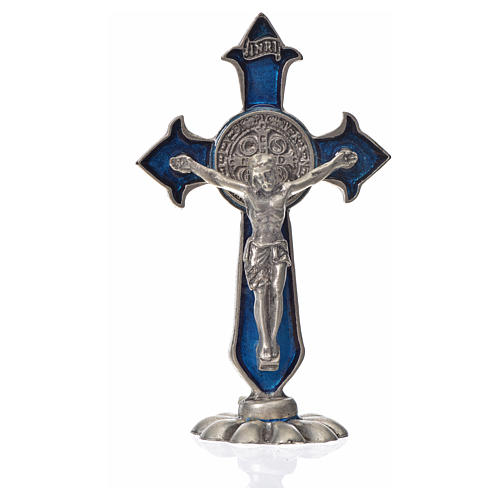 Cruz São Bento de mesa zamak 7x4 cm esmalte azul escuro 3