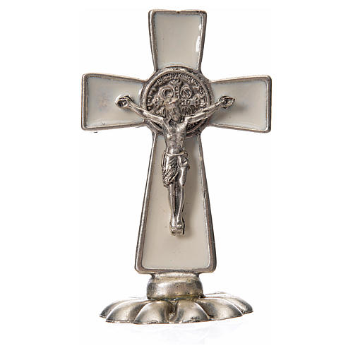 St. Benedict table cross 5x3cm, made of zamak and white enamel 5