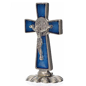 Krzyż świętego Benedykta na stół 5 X 3cm , zama, emalia niebieska.
