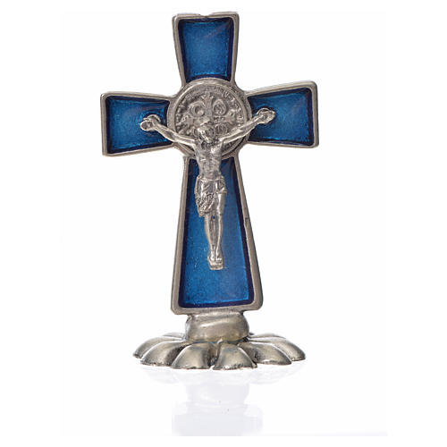 Cruz São Bento de mesa em zamak 5x3 cm esmalto azul escuro 3