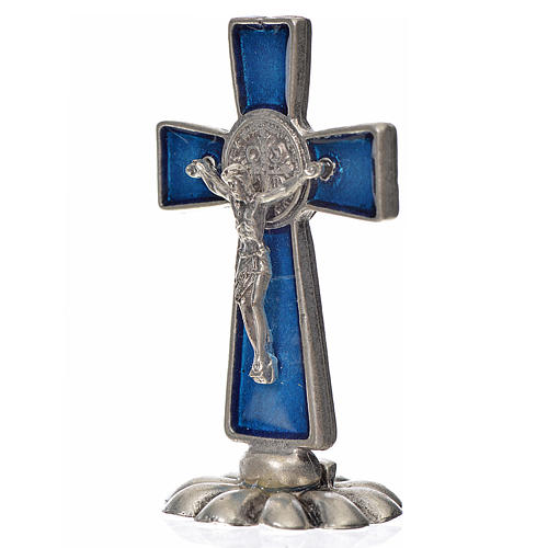 Cruz São Bento de mesa em zamak 5x3 cm esmalto azul escuro 2