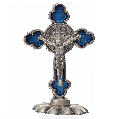 St. Benedict table trefoil cross 5x3.5cm, made of zamak and blue 1