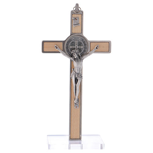 St. Benedict Cross in maple wood with base, 20x10 cm 1