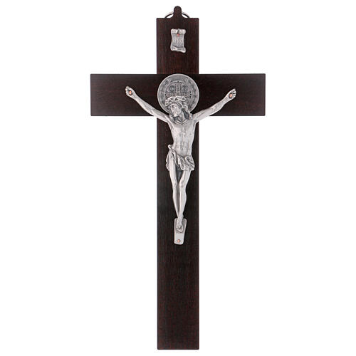 Kreuz von Sankt Benedikt aus Holz in der Farbe Nussbaum, 30 x 15 cm 1