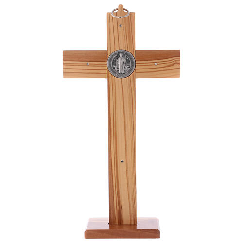 Kreuz von Sankt Benedikt aus Olivenbaumholz mit Sockel, 30 x 15 cm 4