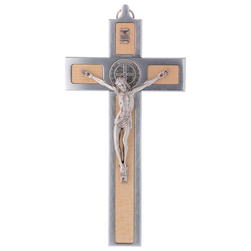 Kreuz von Sankt Benedikt aus Aluminium und Ahornholz, 25 x 12 cm 1