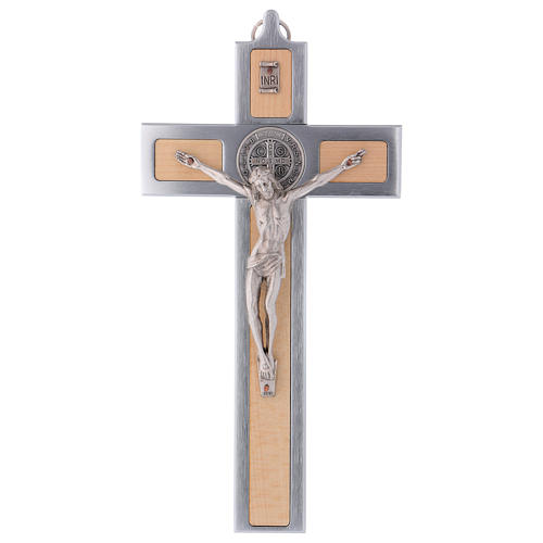 Krzyż Świętego Benedykta z aluminium i drewna klonowego 25x12 cm 1