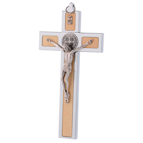 Krzyż Świętego Benedykta z aluminium i drewna klonowego 25x12 cm 3
