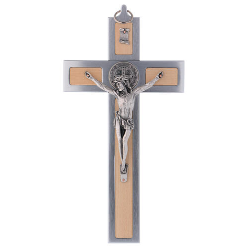 Kreuz von Sankt Benedikt aus Ahornholz und Aluminium, 30 x 15 cm 1