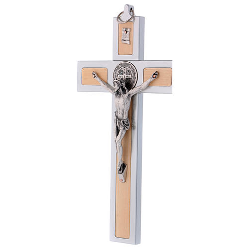 Krzyż Świętego Benedykta z aluminium i drewna klonowego 30x15 cm 3