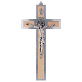 Kreuz von Sankt Benedikt aus Aluminium und Ahornholz, 40 x 20 cm