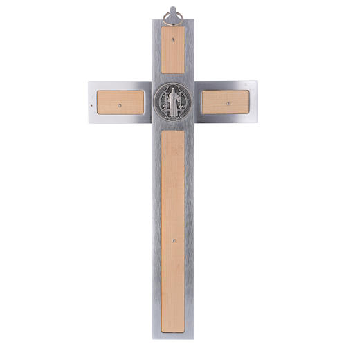 Krzyż Świętego Benedykta z aluminium i drewna klonowego 40x20 cm 5