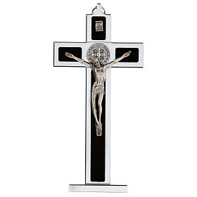 Kreuz von Sankt Benedikt aus Holz und Aluminium mit Sockel, 25 x 10 cm