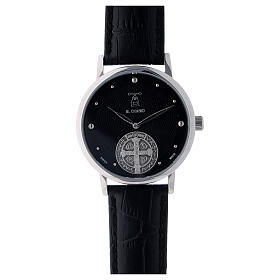 Black wristwatch with Saint Benedict medal in 925 silver