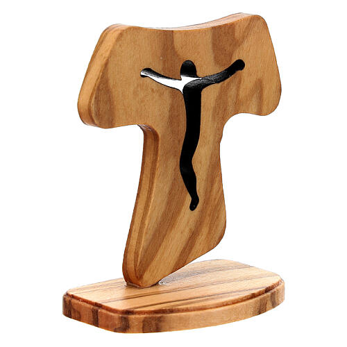 Tau mit Sockel aus Assisi-Olivenbaumholz mit ausgehöhltem Kruzifix und Jesus, 10 cm 3