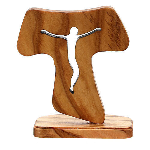 Tau con base madera de olivo de Asís Jesús crucifijo ahuecado 10 cm 4