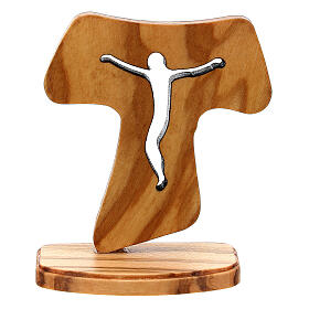 Standing Tau with base in Assisi olive wood Jesus crucified hollow 10 cm