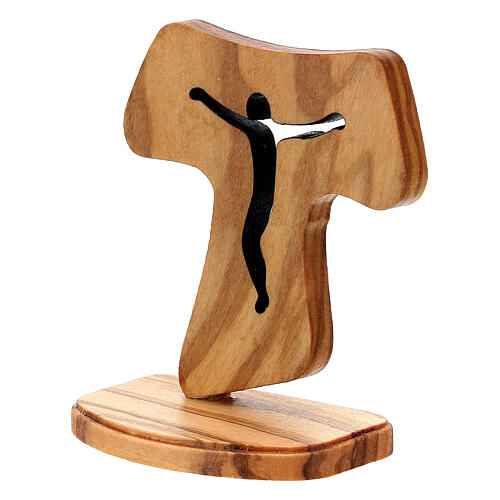 Standing Tau with base in Assisi olive wood Jesus crucified hollow 10 cm 2