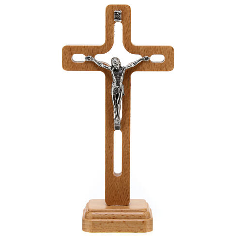 Crucifixo de mesa 15 cm madeira de oliveira perfurada e metal 1