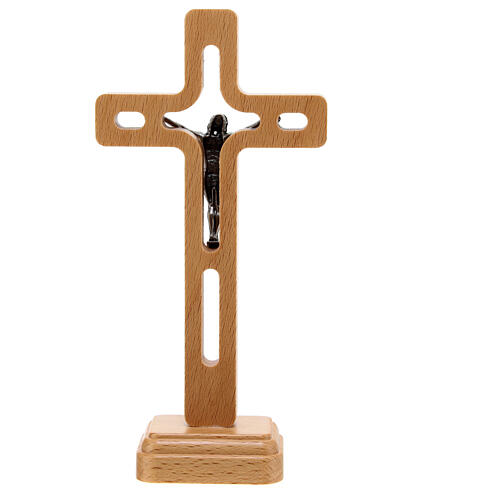 Crucifixo de mesa 15 cm madeira de oliveira perfurada e metal 3