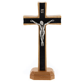 Table crucifix with wooden base and light dark metal 15 cm