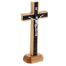 Table crucifix with wooden base and light dark metal 15 cm