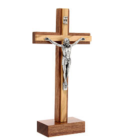 Standing crucifix of mahogany and olivewood, metallic body of Christ, 8 in