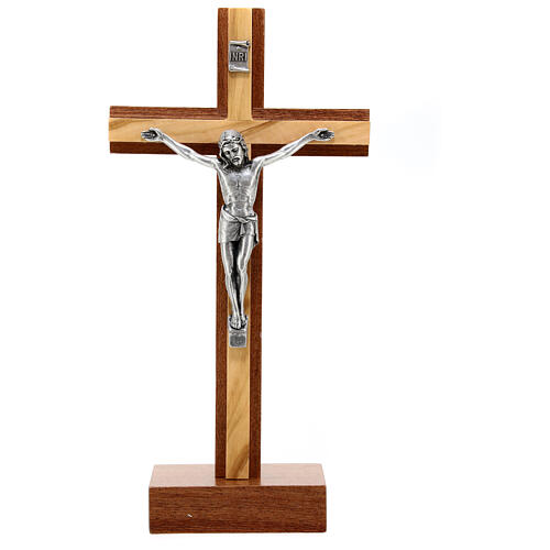 Standing crucifix of mahogany and olivewood, metallic body of Christ, 8 in 1