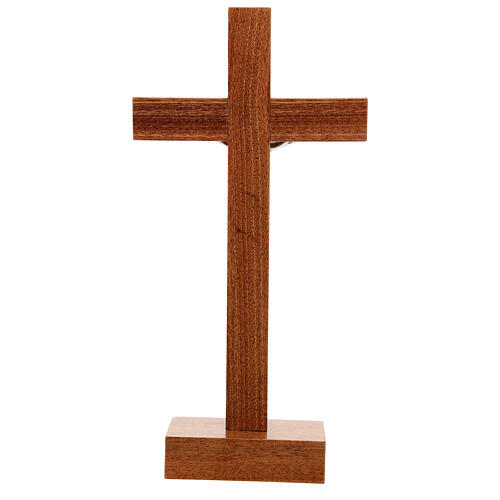 Standing crucifix of mahogany and olivewood, metallic body of Christ, 8 in 3