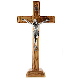 Standing crucifix with blunted edges, olivewood and metal, 8 in
