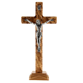 Olivewood standing crucifix with cube pattern, metallic body of Christ, 8 in